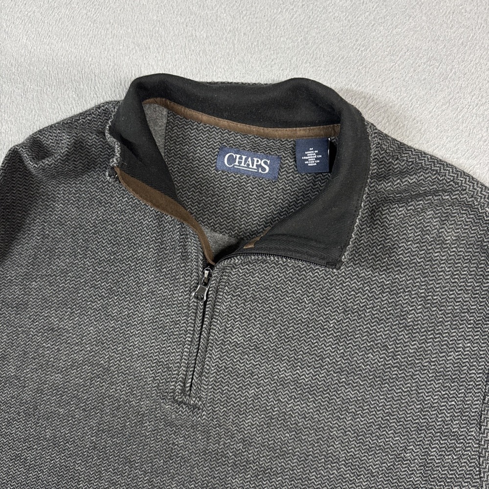 Chaps Sweater Mens Medium Gray Zig Zag Quarter Zip Pullover 100% Cotton Knit